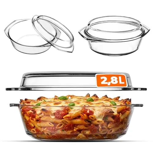KADAX Auflaufform mit Deckel 2,8L – runde feuerfeste Glasform für Ofen & Mikrowelle