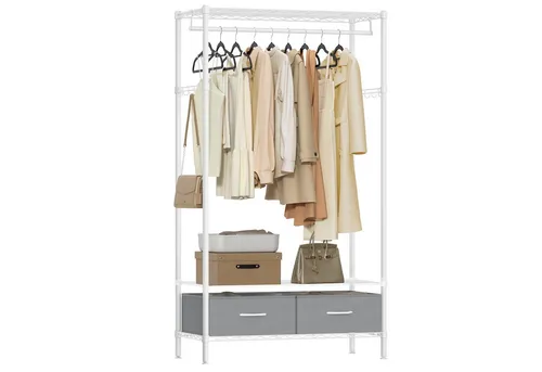 SONGMICS Offener Kleiderschrank mit 2 Schubladen und Kleiderstange in Wolkenweiß/Tintenschwarz - Kompakter Kleiderständer mit 1 Kleiderstange, 2 großen Schubladen und 8 Haken. Optimaler Stauraum für Kleidung und Accessoires, robust und stabil, einfach aufzubauen und pflegeleicht.
