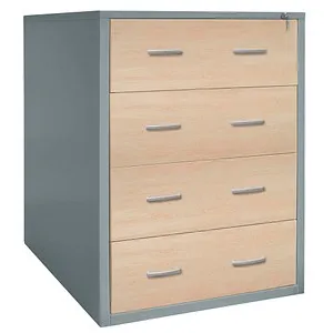 G-Office Hängeregisterschrank FGC/WF/D.4 - 4 Schübe, abschließbar, stabil - Büroschränke mit stabiler Stahlkonstruktion und Holzfronten, ideal für A4-Unterlagen. Voll ausziehbare Schubladen mit 40 kg Belastbarkeit und Zentralverriegelung für hohe Sicherheit.