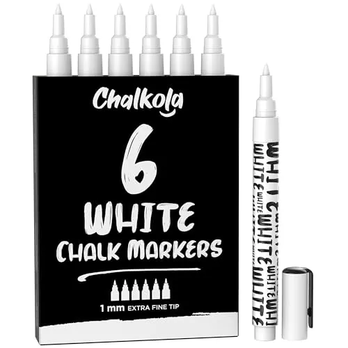 Chalkola 6 extra feine Weiße Kreidestifte für Tafel & Fenster 1mm | Ideal als Kreidestift, Kreidemarker, Folienstift, Glasmalstifte, Tafelstift, Glasmarker | Feucht abwischbar