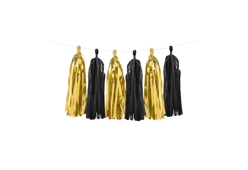partydeco Hängedekoration Girlande Quasten Schwarz-Gold, 12Stk./200cm