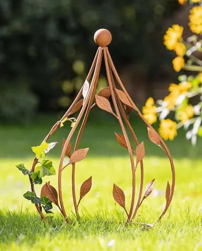 Dekoleidenschaft Rankhilfe Blätter in Kegel-Form - Metall in Rost-Optik - Rankgitter für Garten mit außergewöhnlicher Kegelform und attraktivem Blätterdesign, ideal für stabile Rosen-Rankenhilfe und stilvolle Gartendeko.