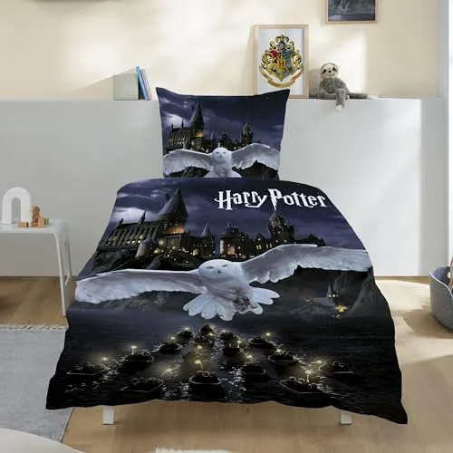 Harry Potter Bettwäsche-Set 135x200 cm - Bettwaren-Set für Kinder aus 100% Baumwolle, kuschelig warm und mit Wendeseite, ideal für kleine Harry Potter Fans. Enthält Decken- und Kissenbezug mit Hogwarts-Motiv.
