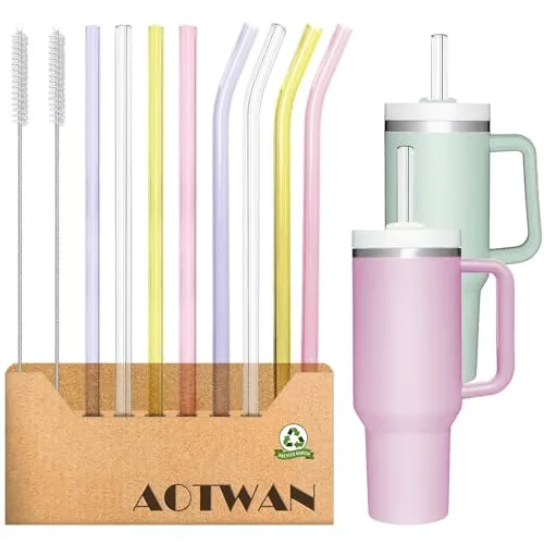 AOTWAN Glas Strohhalm für Stanley Cup 10 Stück Glasstrohhalme Lang 31cm, 4 Gebogenem + 4 Geraden Glas-Strohhalme mit 2 Reinigungsbürsten für Stanley Cup 30oz/40oz