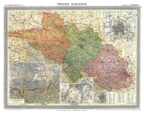 Historische Karte: Provinz SCHLESIEN im Deutschen Reich - um 1910 - Historische Karte für Sammler und Geschichtsinteressierte, detailreiche Darstellung der Regierungsbezirke Liegnitz und Oppeln, ideal für Dekoration und Bildung.