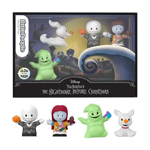 FISHER-PRICE Little People Collector Disney Tim Burtons Nightmare Before Christmas - 4 Figuren - Spielfigur Spielsets mit 4 leuchtenden Figuren: Jack Skellington, Sally, Zero und Oogie Boogie. Ideal für Disney-Fans und Sammler, perfekt zum Feiern des 100. Geburtstags von Disney!