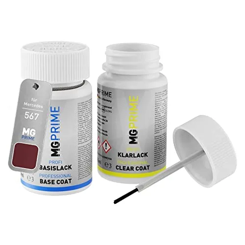 MG PRIME Autolack Lackstift Set für Mercedes 567 Titanitrot Metallic/Bordeaux Red Metallic Basislack Klarlack je 50ml