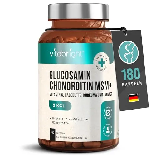 Hochdosierte Glucosamin Chondroitin Gelenkkapseln - 180 Stück | VitaBright - Chondroitin & Glukosamine Kombinationen für gesunde Gelenke, enthält bewährte Inhaltsstoffe wie Kurkuma und Ingwer für optimale Unterstützung bei körperlicher Beanspruchung.