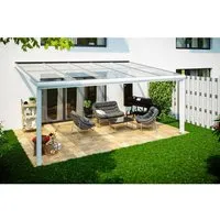 Skan Holz Terrassenüberdachung Modena 541 x 357 cm - Elegante Terrassenüberdachung aus pulverbeschichtetem Aluminium in Weiß, mit einem robusten Glasdach für optimalen Lichteinfall und hohem Schallschutz - ideal für stilvolle Außenbereiche.