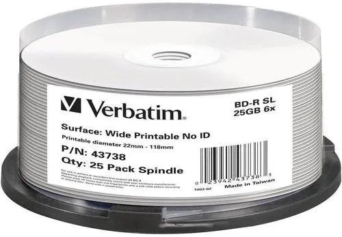 VERBATIM 43738 BD-R 25 GB - Bedruckbare Rohlinge im 25er Pack - Rohlinge mit 25 GB Kapazität, ideal für professionelle Anwendungen. Die Wide Printable-Oberfläche ermöglicht individuelle Gestaltung mit Tintenstrahldruckern.