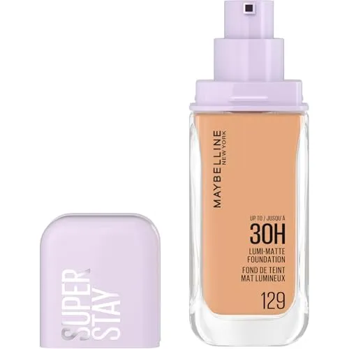 Maybelline New York 30H Lumi Matte Foundation, Langanhaltend ultra-frischer Look mit mattem Finish, Aufbaubare & lichtreflektierende Foundation, Farbe: 129 Mittel, Neutral Kühl, Superstay
