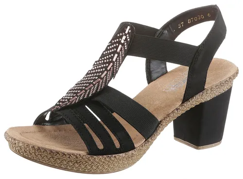 Rieker Sandalette mit Plateauabsatz und Strass-Steinchen, schwarz, Größe 38 EU - Wanderschuhe für stilvolle Sommerabenteuer, elegant mit Plateauabsatz und funkelnden Strass-Steinen, perfekt für Komfort und Stil.