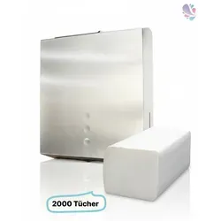 Falthandtuchspender EDELSTAHL matt mit 2.000 Blatt Handtuchpapier PREMIUM - Eleganter Falthandtuchspender aus gebürstetem Edelstahl mit 2.000 Blatt Zick-Zack Handtuchpapier. Ideal für hygienische Anwendungen, lange Nutzung dank Einzelblattentnahme und Sichtfenster für einfachen Nachfüllvorgang.