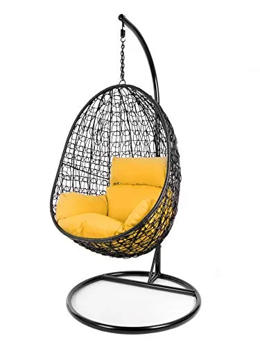 Kideo Komplettset: Hängesessel mit Gestell & Kissen, Poly-Rattan, Schaukel, Lounge (Gestell- und Korbfarbe: schwarz, Kissen: gelb Nest (2300 Pineapple))