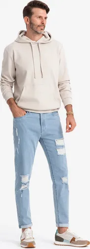 Ombre Clothing Denim-Hosen für Männer Omarr hellblau L - Stilvolle Omarr Herren-Jeans in hellblau, ideal für den Alltag. Mit schmal zulaufendem Bein und elastischem Material für besten Tragekomfort. Trendiger Used-Look mit umkrempelbaren Beinen – perfekt für jedes Freizeitoutfit.