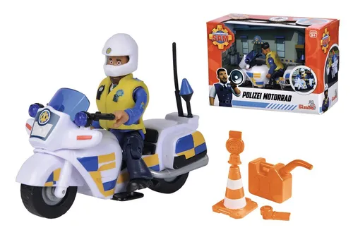 Simba 109251092 - Feuerwehrmann Sam Polizei Motorrad, mit beweglicher Malcolm Figur und Zubehör, ideal für Kinder ab 3 Jahren
