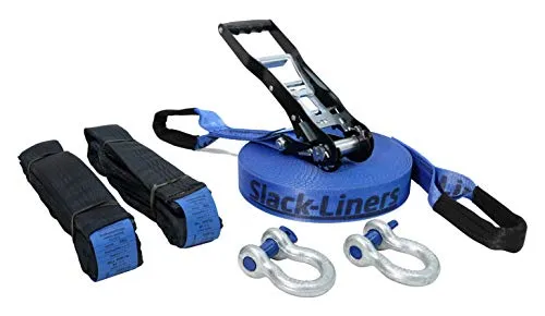Slack-Liners Slackline Komplett-Set BLAU 6 Teilig - 50mm breit, 25m lang - mit Premium Langhebelratsche Made in Germany