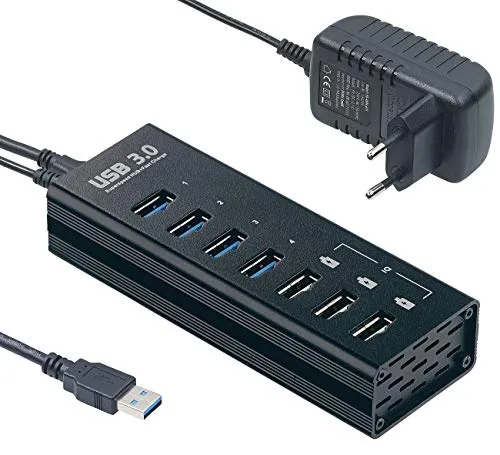 Xystec USB Ladeleiste: Aktiver USB-3.0-Hub mit 4 Ports & 3 Schnell-Lade-Buchsen (BC 1.2), 4 A (Hub mit Schnellladefunktion, Ladeverteiler, Festplatten Adapter)