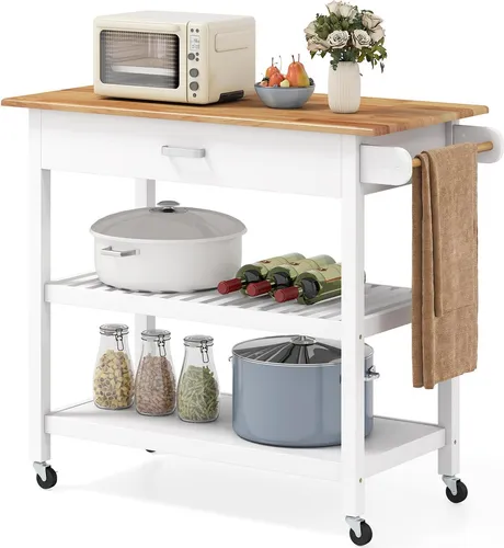 GOPLUS Küchenwagen mit Rollen – 3-stöckiger Servierwagen mit Schublade