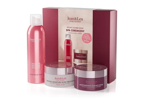 Jean & Len Spa Ceremony Giftbox Peony & Lychee - Hautpflegeset mit 3 luxuriösen Produkten für Körper und Geist, angereichert mit feuchtigkeitsspendenden Ölen und AHA für sanfte Exfoliation – ideal für Verwöhnmomente.