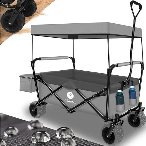 Miweba Bollerwagen faltbar MB-10 - Handwagen für Kinder mit Dach - Faltbarer Handwagen mit hoher Traglast von 100 kg, ideal für Kinder, Einkäufe und Ausflüge. Mit abnehmbarem Sonnendach für optimalen UV-Schutz und einfacher Handhabung.