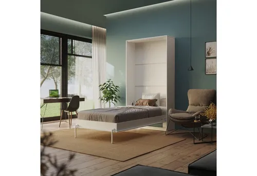 SMARTBett Schrankbett Classic 100x200cm Vertikal Weiss - Faltbares Wandbett mit Gasdruckfedern für müheloses Öffnen, ideal für Gästezimmer oder Büro. Integrierte Ablage für persönliche Gegenstände und hohe Belastbarkeit bis 300kg.