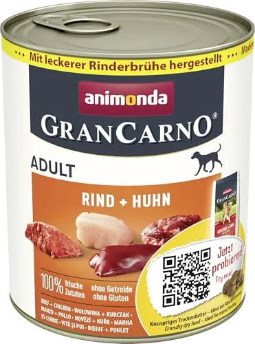 animonda GranCarno Hunde Nassfutter mit Rind + Huhn (6 x 800 g), getreidefreies Hundenassfutter ohne Zucker, für ausgewachsene Hunde, mit frischen fleischigen Zutaten