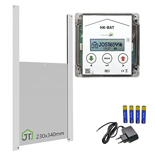 Hühnerklappe HK-BAT Set 230x340mm mit Anlocklichtsteuerung - Türschließer mit automatischer Öffnungs- und Schließfunktion bei Dämmerung oder per Zeit, inklusive Notfallfunktion und Lichtsteuerung für optimalen Stallbetrieb.