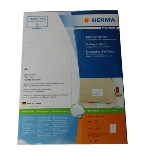 HERMA 8689 Universal Etiketten A6, selbstklebend, weiß - Vielzweck-Etiketten in A6, 105x148mm, mit hohem Weißgrad und gleichmäßiger Oberfläche für beste Druckergebnisse. Ideal für Beschriftungen und Organisation.