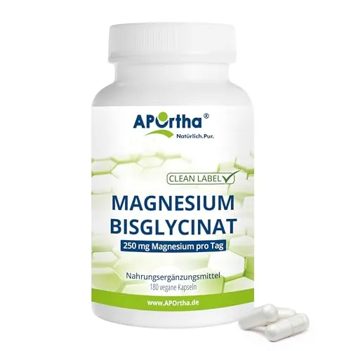 APOrtha® Magnesiumbisglycinat 180 Kapseln, 250 mg Magnesium pro Tagesverzehr für 60 Tage, Magnesium-Bisglycinat bekannt als Magnesiumglycinat, allergenfrei, glutenfrei, lactosefrei, vegan