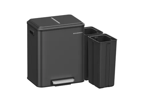 SONGMICS Mülleimer 2 x 15 L, Mülltrennsystem für Küche - Haushaltszubehör mit 2 Fächern für Recycling und Restmüll, ideal für umweltbewusste Haushalte und platzsparende Lösungen.