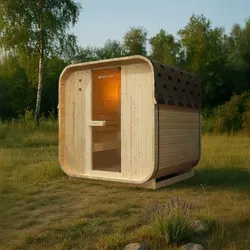 Artsauna Fasssauna Nolvik L - 4 Personen mit 6 kW Ofen - Sauna für 4 Personen im Cube Design, verwandelt deinen Garten in eine Wellness-Oase mit leistungsstarkem 6 kW Ofen für entspannende Temperaturen bis 100 °C.