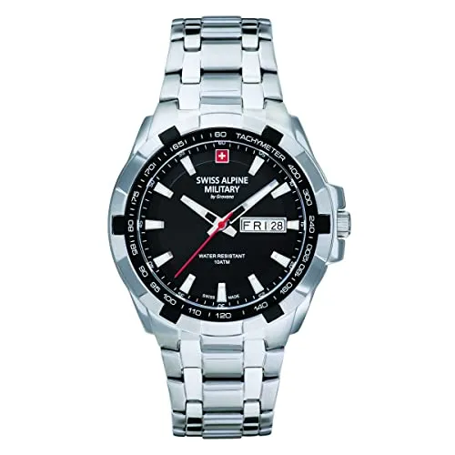 Swiss Alpine Military Herren Uhr Analog Quarz 7043.1137SAM aus Edelstahl - Armbanduhren für Herren mit Datumsanzeige, robustem Edelstahlarmband und leuchtenden Zeigern für optimale Ablesbarkeit bei jedem Licht.
