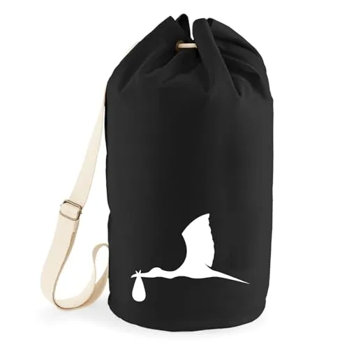Huuraa Seesack Klapperstorch mit Baby Silhouette 20 Liter Black Baumwolle Rucksack Geschenkidee
