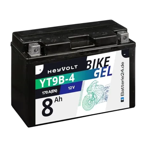 HeyVolt GEL Motorradbatterie 12V 8Ah YT9B-BS - Robuste und wartungsfreie Motorradbatterie, ideal für alle Maschinentypen. Mit über 30% mehr Startleistung und auslaufsicher bis 90° Schräglage.