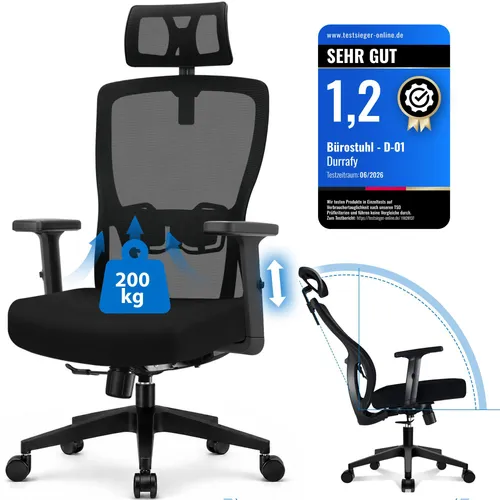 Ergonomischer Bürostuhl 200 kg mit Kopfstütze & Lordosenstütze
