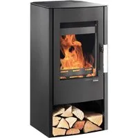 Haas + Sohn Kaminofen RUBUS easy, Stahl, tief-schwarz, mit Holzfach - Eleganter Kaminofen RUBUS easy von Haas + Sohn: Stahlkonstruktion, integriertes Holzfach und Tertiärluftzufuhr für ein sauberes Sichtfenster. Ideal für gemütliche Abende und effizientes Heizen.