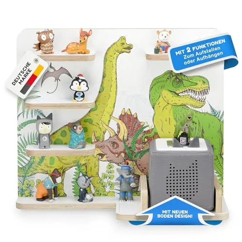 stadtecken Holzregal für Musikbox – Dinosaurier Design - Regal für Baby- & Kleinkinderzimmer, passend für ca. 35 Tonies mit Magnetfunktion. Ideal zum Aufstellen oder Aufhängen für kreative Gestaltung im Kinderzimmer.