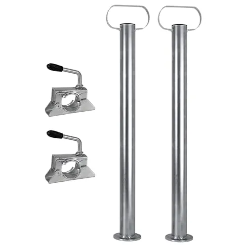 Trucky 2X Set Anhänger Stützen mit Klemmhalter 600 mm - ROBUST: Verzinkte Stahlstützen für hohe Langlebigkeit und Wetterbeständigkeit. SICHERHEIT: Mit bis zu 300 kg Tragkraft pro Stütze sorgt das Set für Stabilität und verhindert ein Kippen des Anhängers. EINFACHE MONTAGE: Schnelle Installation ohne Bohren dank der praktischen Klemmhalter.