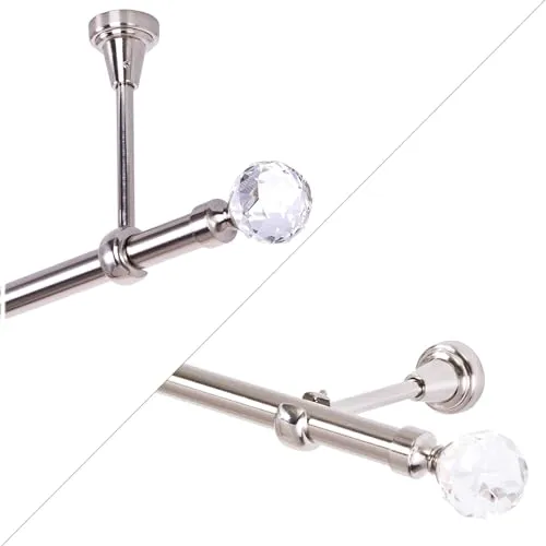Edelstahl-Look Gardinenstange 120 cm mit Kristallkugel - Einzelfensterstangen aus robustem Metall mit stilvollem Kristall-Endstück, ideal für individuelle Vorhanggestaltungen in jedem Raum.