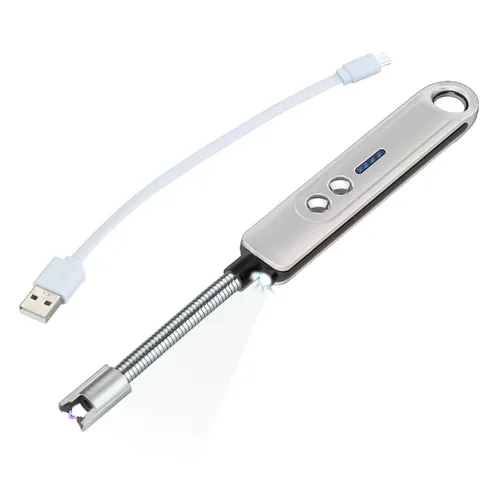 MAXIMEX LED Lichtbogen Feuerzeug – Wiederaufladbarer elektrischer Anzünder - Praktisches, flammenloses Mehrzweck-Feuerzeug für Grill, Küche und Kerzen. Modernes Design in Silber, kompakt und sicher in der Anwendung. Ideal für den Innenbereich.