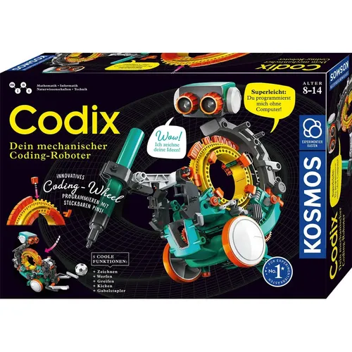 Kosmos 620646 Codix - Mechanischer Coding Roboter für Kinder - Experimentierkasten für Kinder von 8-12 Jahren, der spielerisch Programmieren lehrt. Mit über 150 Bauteilen können 5 verschiedene Roboter-Modelle gebaut werden, die kreative Funktionen bieten.