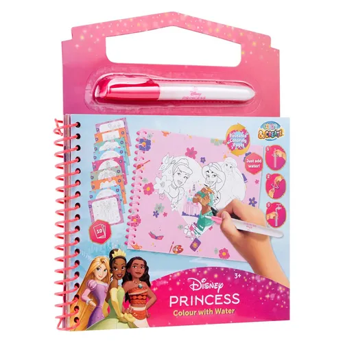 Disney Princess Wiederverwendbares Wasser-Malbuch für Kinder, Colour with Water Set, Sauberer Malspaß ohne Farbe, Magische Ausmalbilder mit Wassertankpinsel, Kreatives Spielzeug für Mädchen ab 3 Jahre