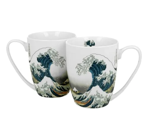 DUO ART GALLERY 2er-Set klassische Becher 360 ml THE GREAT WAVE inspired by HOKUSAI, New Bone China Porzellan