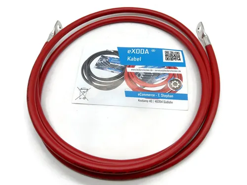 eXODA 25 mm² M10 Batteriekabel, Rot, 200 cm - Hochwertiges 25 mm² Batteriekabel aus 99,9 % Kupfer mit M10 Kabelschuhen, hitzebeständig und ideal für Autos, Motorräder und Boote. Perfekt verarbeitet für einfache Installation und optimale Leitfähigkeit.