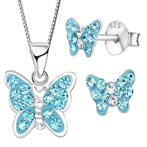 FANTASTIC NAILS COSMETIC COLLECTIONS Kinder Mädchen Schmuckset 925 Sterling Silber Ohrringe mit Hals-Kette türkis blau Schmetterling (K107+K660 40+5cm)