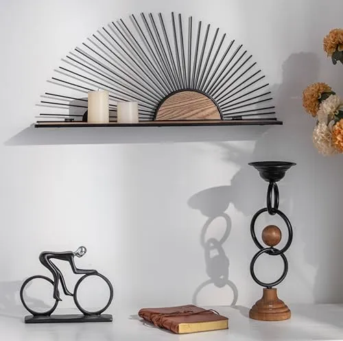 K&L Wall Art Deko-Wandregal Holz Metallregal - Regale im Vintage-Stil, ideal zur Platzersparnis und dekorativen Gestaltung Ihrer Wände mit einem einzigartigen Sonnen-Design.