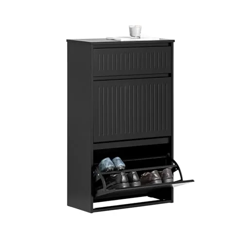 SoBuy Schuhkipper mit 2 Klappen - Schmaler Schuhschrank Schwarz - Schuhschrank mit 4 Ablageflächen, ideal für platzsparende Aufbewahrung und zusätzlichen Stauraum durch Schublade. Maße: 61x101x26cm, perfekt für jede Diele.