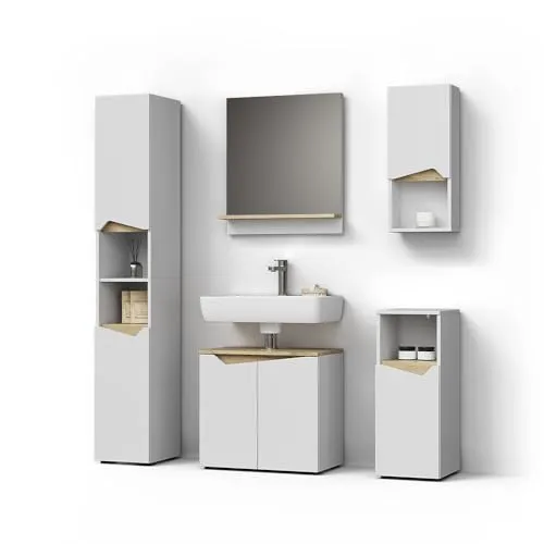 Livinity® Badmöbel-Set Timavo, Weiß/Artisan-Eiche, 5 Teile - Elegantes Badmöbel-Set in Weiß und Artisan-Eiche, ideal für stilvolle Bäder. Inklusive Badspiegel und praktischen Schränken für optimalen Stauraum.