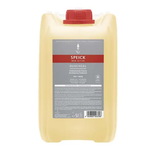 Speick Duschgel Men Active 5L - Vitalisierende Waschlotion - Erleben Sie frische Vitalität mit unserem Duschgel für Haut und Haar. Angereichert mit Bio-Schilfrohrextrakt und Vitamin F für eine sanfte und belebende Pflege.